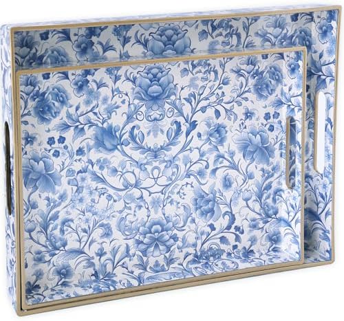 Serving Tray with Handles, 2 Pack Rectangular Plastic Tray 15.75x11.81 Inch, Blue and White Peony Chinese Porcelain Style Decorative Tray for Kitchen, Dining Table, Vanity, Office & Home by Origtray