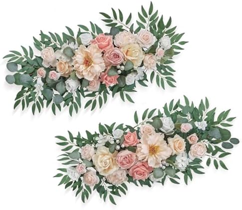 TINGE TIME Flower Garlands, 2 PCS Artificial Eucalyptus Garlands, Handcraft Artificial Rose Garland for Arch Wedding Sweetheart Table Ceremony Backdrop Decorations for Home (DustyRose&Champagne) by TINGETIME