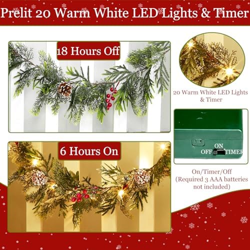 6FT Flocked Cedar Garland with Lights Timer, Prelit Christmas Garland Pinecones & Red Berries Warm White Lights, Lighted Cypress Garlands Battery Operated Christmas Decor Mantel Table Indoor Outdoor - Image 3