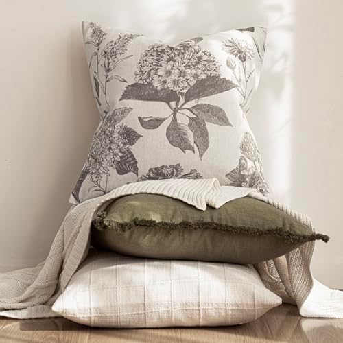 Foindtower Set of 2 Linen Floral Vintage Throw Pillow Covers Neutral Accent Decorative Cushion Covers Farmhouse Boho Home Decor for Sofa Chair Couch Bedroom Living Room,20×20 Inch,Light Gray - Image 5