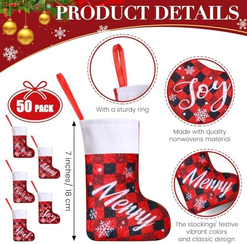 50 Pcs Mini Christmas Stocking Bulk 7" Buffalo Plaid, Red, Word - Image 2