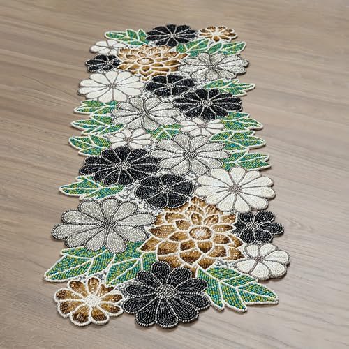 Beaded Table Runner Decore 36 inches Long Christmas Flower Design Beaded Table Runners for Halloween, Christmas, Easter Coffee Tropical ,13X36_Grey Multi - Image 3