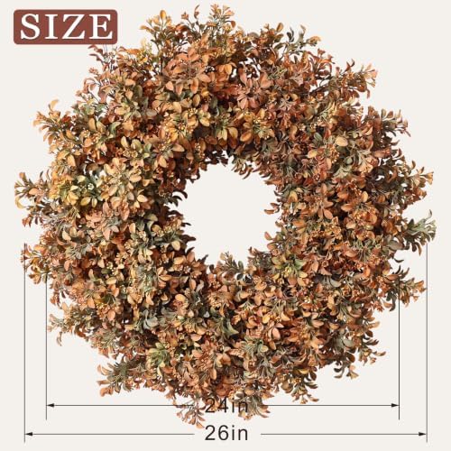 26" Artificial Fall Boxwood Wreath for Front Door Decoration(Autumn Orange) - Image 6
