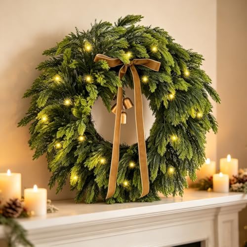 WANNA-CUL 22 Inch Real Touch Christmas Wreath for Front Door with Lights by WANNA-CUL