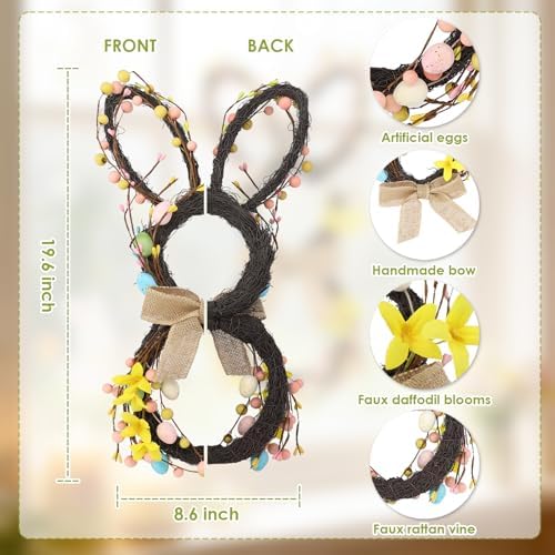 19.6 Inch Easter Bunny Wreaths for Front Door, Easter Bunny Wreath Spring Bunny Shaped Artificial Flower Band with Colored Eggs Berries for Front Door Wall Home Window Decor - Image 2