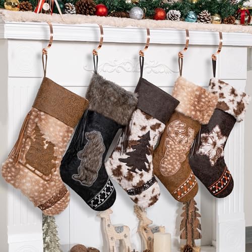 LUBOT Christmas Stockings Set of 5, Western Cowboy 20" Rustic Farmhouse Fireplace Hanging Décor Neutral Embossed Leather & Plush Faux Fur with Tassel Accents Large Family Xmas Stockings - Image 2