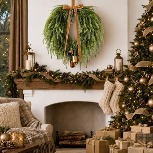 24" Christmas Wreaths Front Door Norfolk Pine Wreath with Bow Bells - Image 5
