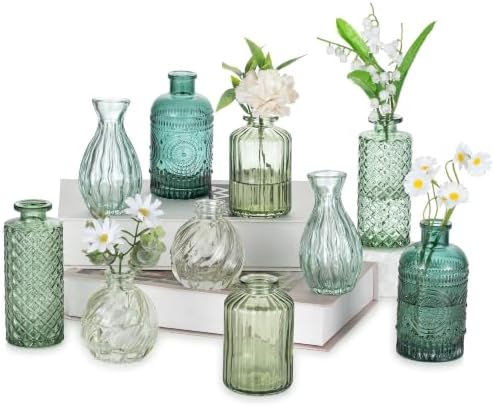 Glasseam Glass Bud Vases for Centerpieces, 10Pcs Green Small Flower Vase Set by Glasseam