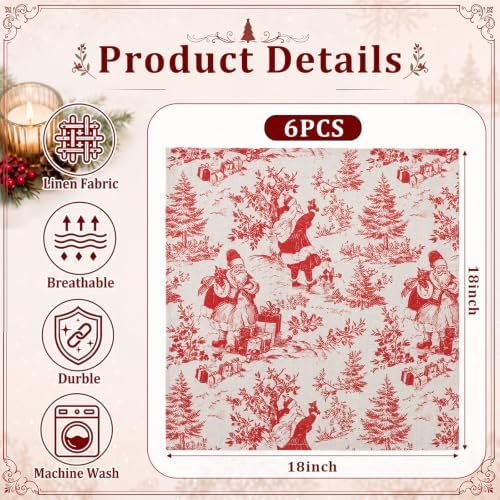 SmoothNovelty 6 Pcs Christmas Toile Cloth Napkins Xmas Soft Linen Fabric - Image 2