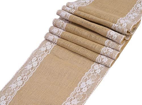 VDS Pack of 12, Burlap Table Runner with White Lace Edge, 100% Natural Jute Rustic Hessian Table Cloth Centerpiece for Wedding Birthday Party Banquet Table Decoration (Size 12X108 Inch)(Natural Tan) by VDS