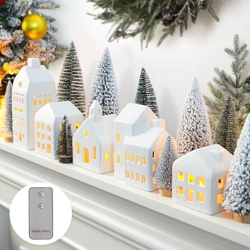 Christmas Decorations Indoor, 5 Lighted Ceramic Christmas Village Houses by Zesua