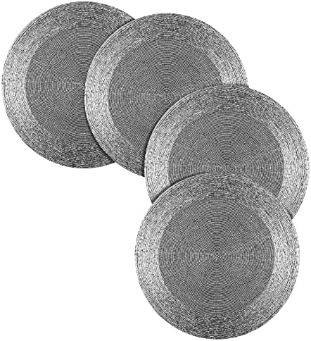 Farmhouse Beaded Placemat, Beaded Placemat Black 13" Round Set of 4 Grey Multi Round Hand Beaded Charger Placemat - Hand Made by Skilled artisans - A Beautiful complement to Your Dinner Table décor by BeddingCraft