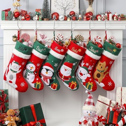 Personalized Christmas Stockings with Embroidered Name & Monogram,Custom Xmas Character Stocking with White Plush Cuff,18” Large Santa,Snowman,Reindeer,Dog,Cat Fireplace Stockings(4 Pack) by Infiher