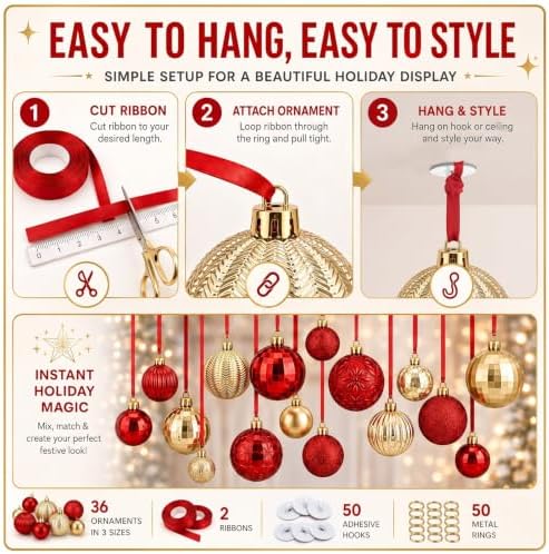 36 Pcs Christmas Balls Ornaments for Ceiling, Red, Gold - Image 3