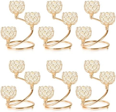 Metal Crystal Candle Holder Set of 6 - Elegant 3-Arm Metal Tea Light Centerpiece with Shining Crystal Bowl, Wedding Anniversary Table Decor for Dining, Party (Gold, 6 Pcs 3 Arm) by kehail