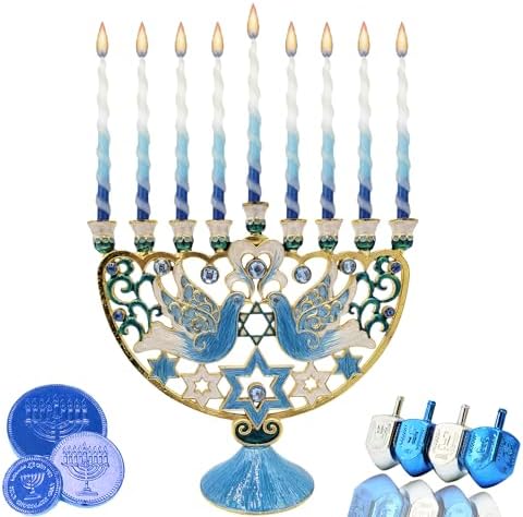 The Dreidel Company Hanukkah Large 12-Inch Tall Menorah Hand Painted Enamel, Star of David Magen David & Blue Bird Design, Hand-Painted Enameled Metal - Image 4