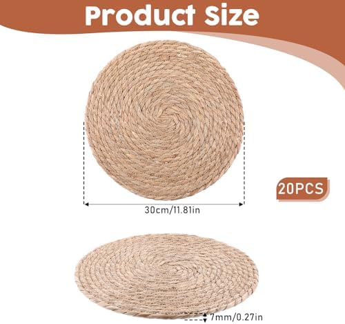 Round Woven Placemats Set of 20, 12" Brown Round Rattan Placemats Natural Water Hyacinth Place mats Farmhouse Boho Braided Placemat for Dining Table, Home, Wedding, Heat Resistant/Anti-Slip - Image 2