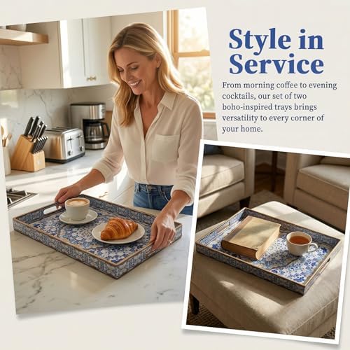 Boho Decorative Tray, Modern Blue Serving Tray with Handles, Ottoman Trays Set of 2, Plastic Coffee Table Tray for Living Room, Bathroom, Kitchen, Decor, Large 15.7”*11.8”, Small 13.7"*9.8" - Image 6