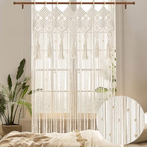 BECHAEO Boho Macrame Beaded Curtain with Tassels, White 1 Panel 35" x 79" by BECHAEO