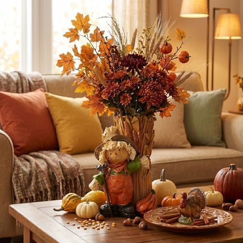Patelai Fall Scarecrow Vase for Home Decoration 11.4 Inch Resin Wheat Vase - Image 4