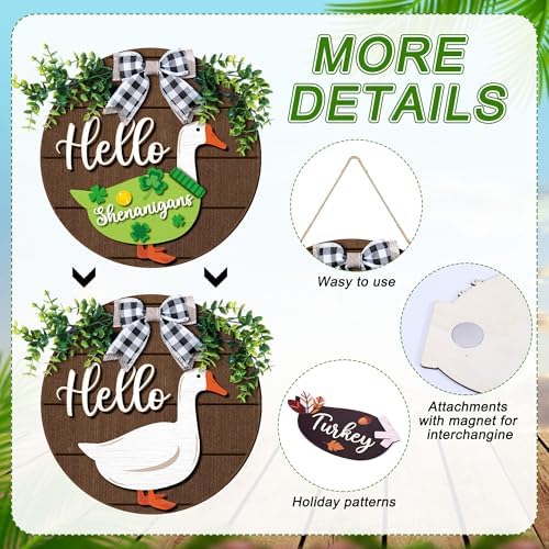 Weysat 13 Pcs Interchangeable Wooden Goose Decor, 11.8 Inch Holiday Seasonal Welcome Changeable Hello Geese Signs Rustic Farmhouse Front Door Round Wreaths Hanging Decorations for Porch Home Outdoor - Image 4