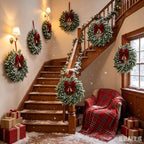 12 Set Christmas Hanging Wreaths Small Snow Flocked Artificial Cedar Wreaths with Red Velvet Ribbon Bronze Bells Mini Faux Greenery Wreath for Front Door Porch Cabinet Window Xmas Holiday Decorations - Image 2