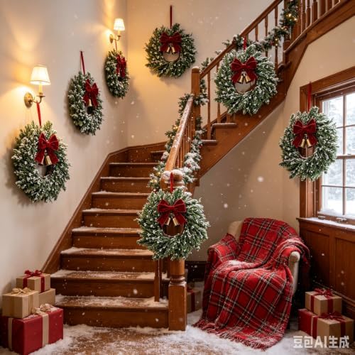 12 Set Christmas Hanging Wreaths Small Snow Flocked Artificial Cedar Wreaths with Red Velvet Ribbon Bronze Bells Mini Faux Greenery Wreath for Front Door Porch Cabinet Window Xmas Holiday Decorations - Image 2