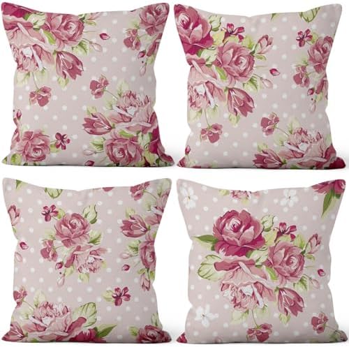 Red Flower Throw Pillow Covers 22"x22" Set of 4, Vintage Floral Sofa Cushion Cover for Chair Couch Bed Living Room Office Car Garden Patio Farmhouse Indoor Outdoor Decorative by VieSavaran