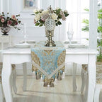 Embroidery Luxury Table Runner Jacquard Floral Dresser Scarf with Multi-Tassels, 13" x 62", Blue - Image 2