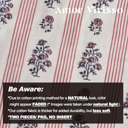 Amor Virisso Floral Throw Pillow Covers 20x20 Set of 2 Block Print Pillow Covers Neutral Floral Striped Farmhouse Decorative Pillow Covers for Sofa Couch Bed, Red - Image 3