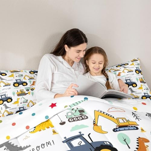 Cartoon Car Kids Comforter Set King, Excavator Tractor Bedding Set for Child Teens, Dinosaur Comforter Equipment Truck Quilted Duvet, Heavy Machinery Construction Bedding Comforter with 2 Pillowcases - Image 5