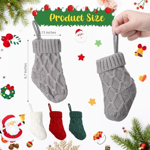Geyoga 24 Pieces Mini Christmas Knit Stockings 6 Inch Cable Knitted Stockings Bulk Xmas Hanging Ornament Decoration for Christmas Tree Fireplace Holiday Party Favor(Red, Green, White, Grey) - Image 2