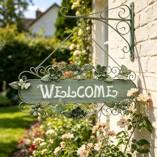 24.4"L Vintage Metal & Wood Hanging Welcome Sign, Rustic Farmhouse Distressed Wall Decor with Flower & Butterfly, Outdoor Decoration for Garden Porch Patio Yard - Image 5