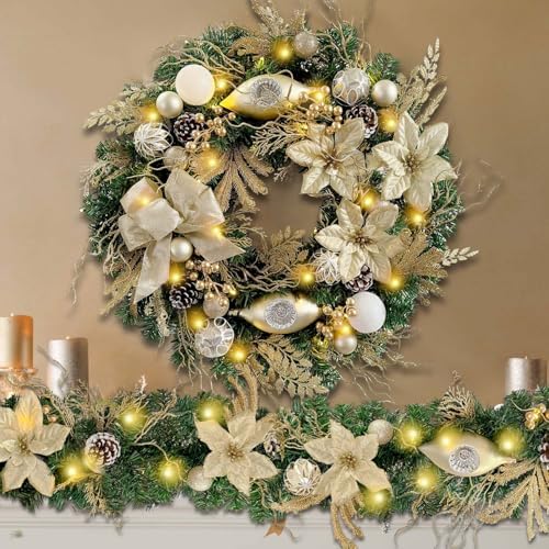 WANNA-CUL Pre-Lit 6 Feet/72 Inch Christmas Garland for Front Door with Lights Champagne Gold Christmas Mantel Garland Decoration with Ball Ornaments, Poinsettia Flowers,Ribbon,Battery Operated 30 LED - Image 3