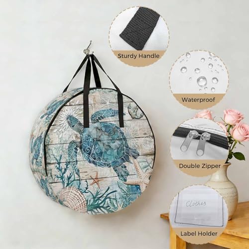 Ocean Turtle Round Storage Bag 24 Inch, Retro Coral Starfish Anchor Coastal Wood Clothes Storage Container with Handles Heavy Duty Organizer for Comforter, Bedding & Holiday Wreaths - Image 5