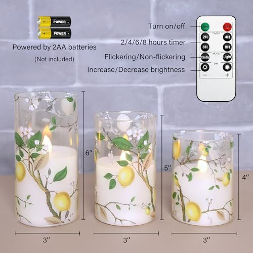 Flameless LED Candles with Remote Lemon Decal Glass Flickering Battery Operated Candles for Home Room Party Wedding Holiday Christmas Decor - Set of 3 - Image 6