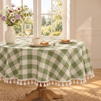 Green Gingham Round Tablecloth, Cotton Linen Texture, 60 Inch by Pavorin