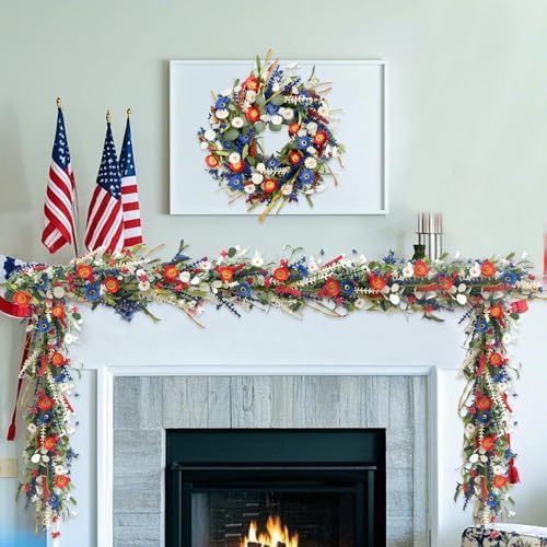 TEMPUS 5.9 ft Patriotic Garland Spring Red White and Blue Flowers Garland for 4th of July Memorial Day and Veterans Day Summer Fireplace Indoor Outdoor Decorations - Image 5