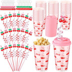 24 Sets Cherry Bow Plastic Cups 16 oz Reusable Cherry Cups with Lid and Straw Keychains for Women Birthday Wedding Baby Shower Party Supplies by Acellegic