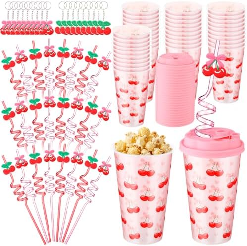 24 Sets Cherry Bow Plastic Cups 16 oz Reusable Cherry Cups with Lid and Straw Keychains for Women Birthday Wedding Baby Shower Party Supplies by Acellegic