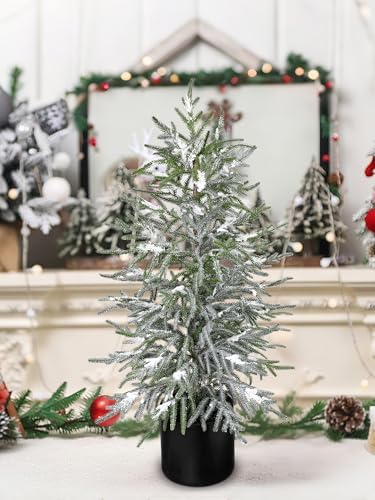 3FT Snow Flocked Artificial Norfolk Pine Tree in Pot, Real Touch Artificial Topiary Tree Small Faux Tabletop Christmas Tree for Front Porch Kitchen Home Indoor Outdoor Decor - Image 3