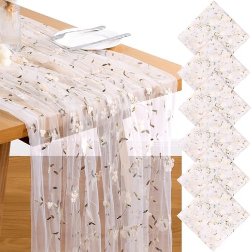 6 Pack Embroidery Floral Table Runner Rustic Spring Summer Wildflower Tulle Table Runner Vintage Flower Tabletop Runners for Home Kitchen Wedding Party Decoration, 108x24.5 Inch (Apricot Flowers) by VAIPI