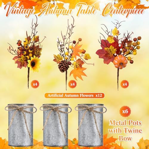 Zeyune 6 Sets Fall Thanksgiving Table Centerpiece Decoration Harvest Artificial Flower Stem Pumpkin Maple Berry Pick with Metal Pot for Autumn Rustic Farmhouse Home Kitchen Dining Indoor Decoration - Image 4