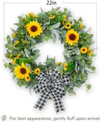 22" Sunflower Wreaths for Front Door, Rustic Summer Spring Front Door Wreath with Eucalyptus and Buffalo Plaid Bow for Indoor Outdoor Wall Window, Farmhouse Floral Wreath Decor for Porch - Image 4
