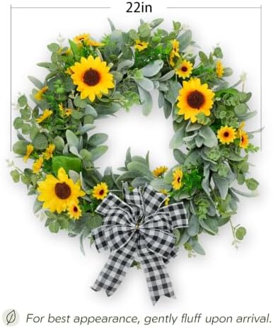 22" Sunflower Wreaths for Front Door, Rustic Summer Spring Front Door Wreath with Eucalyptus and Buffalo Plaid Bow for Indoor Outdoor Wall Window, Farmhouse Floral Wreath Decor for Porch - Image 4