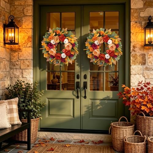 24 Inch Fall Wreaths for Front Door with Orange Peony and Burgundy Dahlias - Image 4