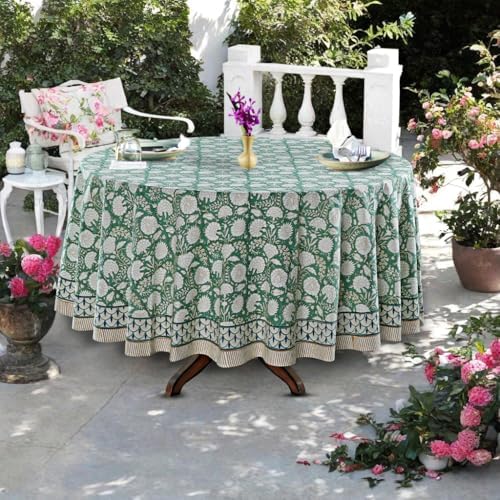 Ridhi Block Print Round Tablecloth Turquoise Moss Green 60 Inch 100% Cotton by Ridhi