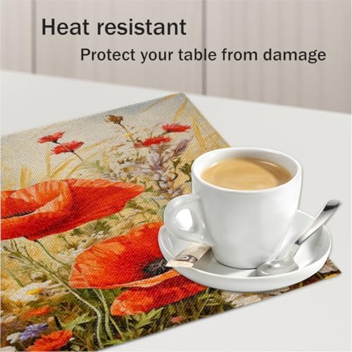 Art Flower Poppy Floral Retro Placemats Set of 6 Decorative Dinner Place Mats Washable Table Mat for Gifts, Holiday, Birthday Party, Wedding & Dining - Image 5