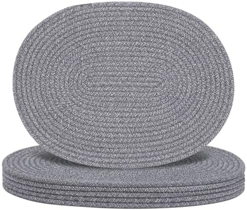 Oval Woven Placemats Set of 6, Boho Cotton Rope Braided Table Mats, 17x13 Inches Non Slip Heat Resistant Place Mats for Dining Room, Thick Hot Pads for Farmhouse Kitchen Table Decor. (Gray) by Welcometobuy