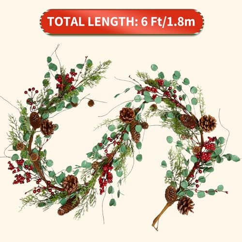 6 Feet Red Berry with Pine Cones Garlands Christmas Garland Realistic Real Touch Garland Artificial Green Leaves Festival Decor for Mantle Fireplace Indoor Outdoor Holiday - Image 3
